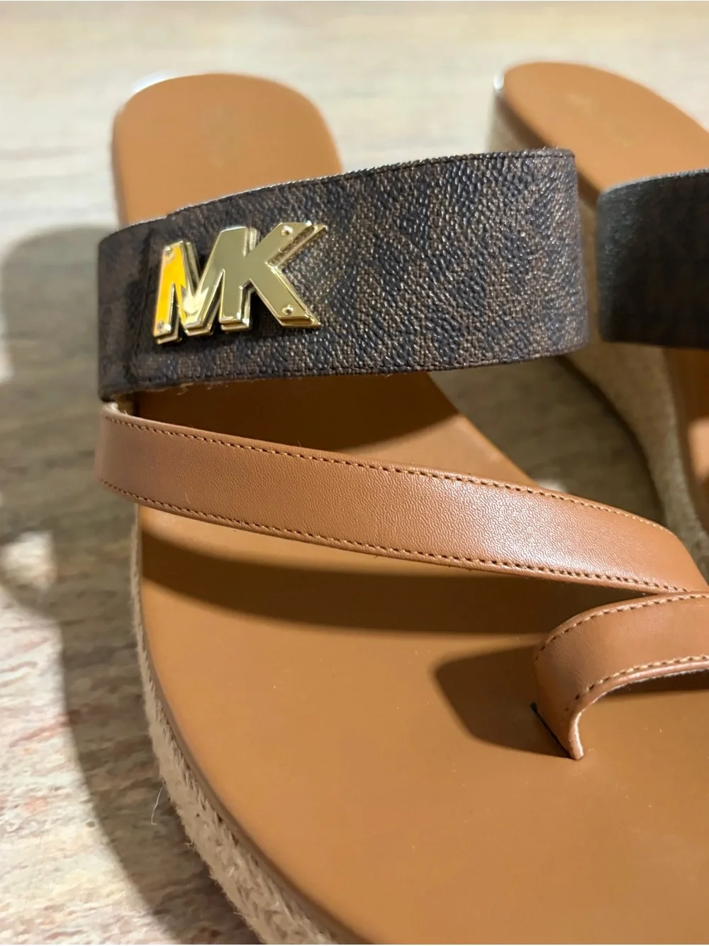 Michael Kors Tan & Brown Leather Logo Espadrille Wedge Sandals with Gold Accents